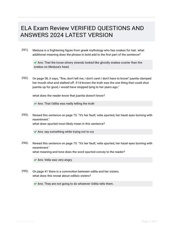 ELA Exam Review VERIFIED QUESTIONS AND ANSWERS 2024 LATEST VERSION