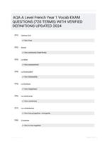 AQA A Level French Year 1 Vocab EXAM QUESTIONS (720 TERMS) WITH VERIFIED DEFINITIONS UPDATED 2024