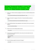 Michigan Residential Builder's License Test Bank|1190 Questions and Answers, 100% Correct| A+ Rated Solution Guide| Latest