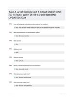 AQA A Level Biology Unit 1 EXAM QUESTIONS (67 TERMS) WITH VERIFIED DEFINITIONS UPDATED 2024
