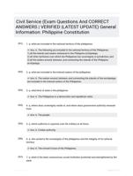 Civil Service (Exam  Questions And CORRECT ANSWERS |  VERIFIED |LATEST UPDATE) General Information: Philippine Constitution