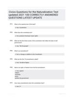 Civics Questions for the Naturalization Test updated 2021 100 CORRECTLY ANSWERED QUESTIONS LATEST UPDATE