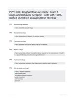 PSYC 330- Binghamton University : Exam 1 Drugs and Behavior Seraphin- -with with 100% verified CORRECT answers  BEST REVIEW