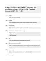 Corporate Finance -- (EXAM Questions and Answers Updated (2024 / 2024) (Verified Answers)) #1 (Ch. 1 - 5)