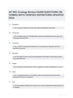 AP BIO: Ecology Review EXAM QUESTIONS (96 TERMS) WITH VERIFIED DEFINITIONS UPDATED 2024