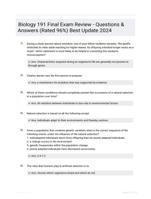 Biology 191 Final Exam Review - Questions & Answers (Rated 96%) Best Update 2024
