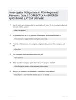 Investigator Obligations in FDA-Regulated Research Quiz 6 CORRECTLY ANSWERED QUESTIONS LATEST UPDATE