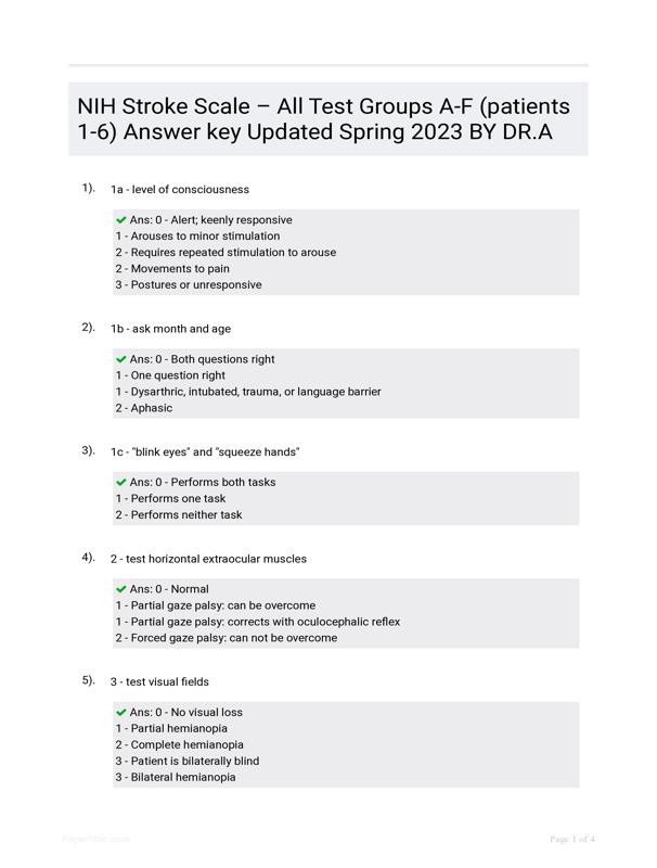 NIH Stroke Scale All Test Groups A-F (patients 1-6) Answer key Updated ...