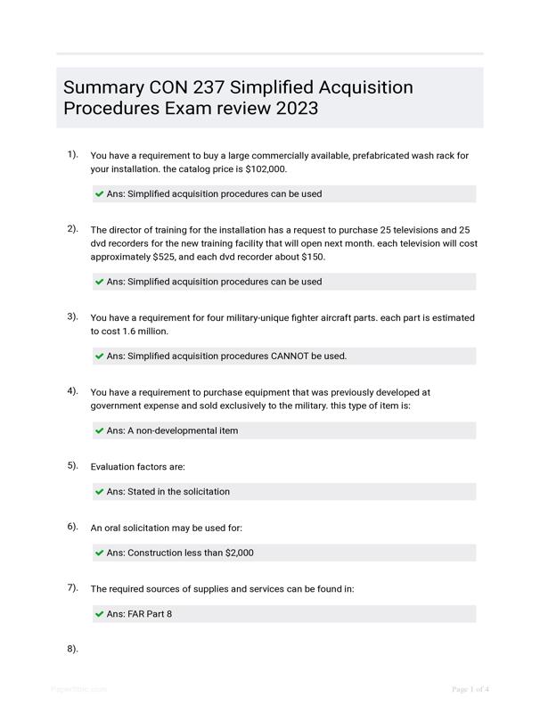 Summary CON 237 Simplified Acquisition Procedures Exam review 2023 ...