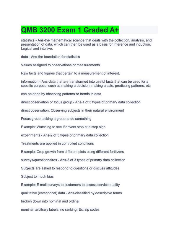 QMB 3200 Exam 1 Graded A+ 2024 - PaperSoc