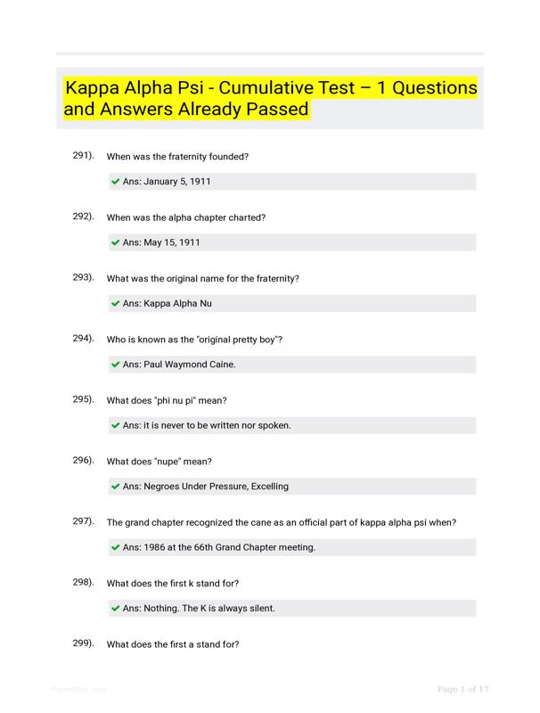 Kappa Alpha Psi - Cumulative Test 1 Questions and Answers Already ...