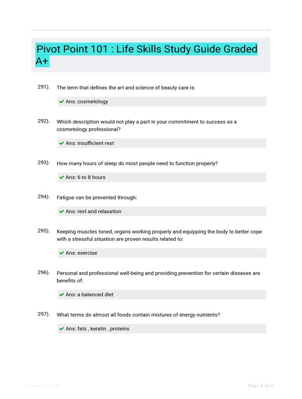 Pivot Point 101 : Life Skills Study Guide Graded A+ - PaperSoc