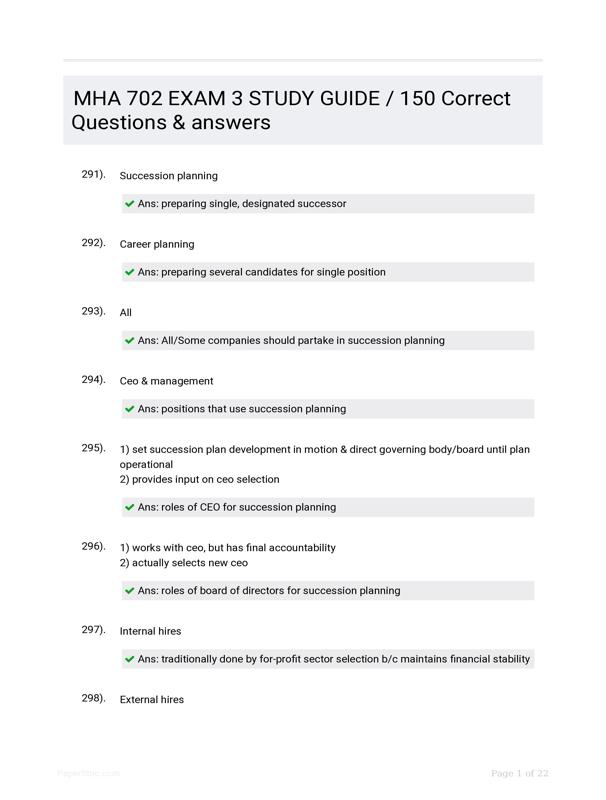 MHA 702 EXAM 3 STUDY GUIDE / 150 Correct Questions & answers - PaperSoc