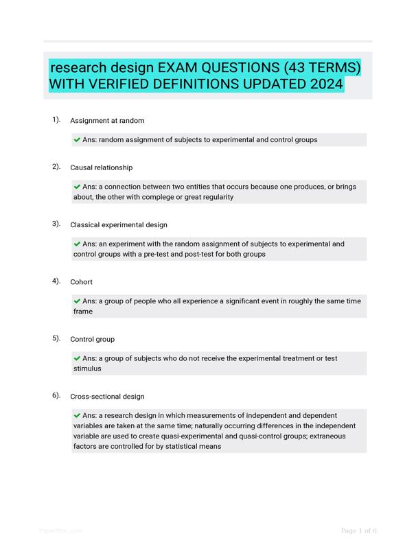 research design EXAM QUESTIONS (43 TERMS) WITH VERIFIED DEFINITIONS ...