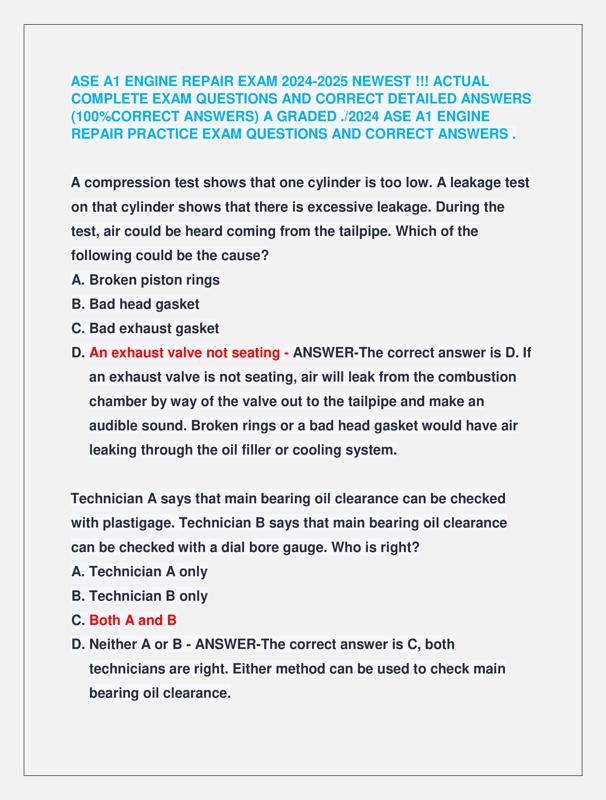 ASE A1 ENGINE REPAIR EXAM 2024-2025 NEWEST !!! ACTUAL COMPLETE EXAM ...