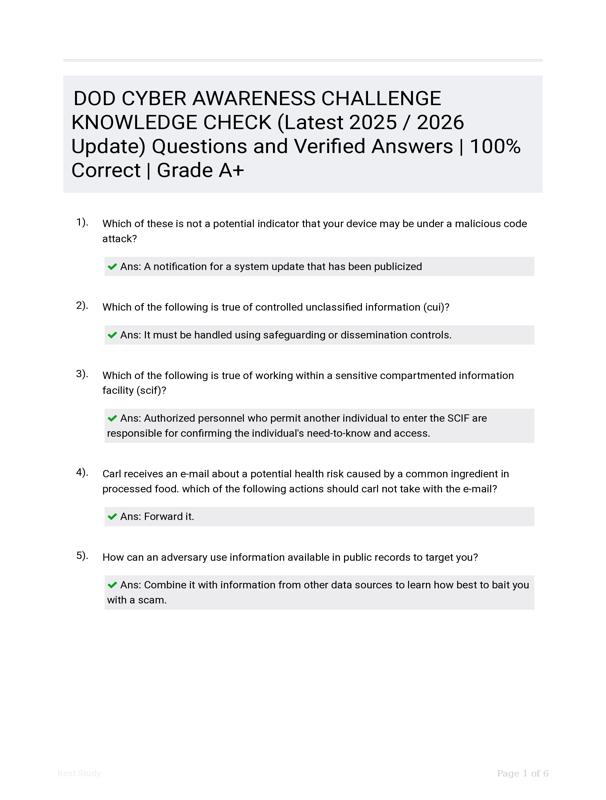 DOD CYBER AWARENESS CHALLENGE KNOWLEDGE CHECK (Latest 2025 / 2026 ...