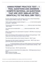 HAWAII PERMIT PRACTICE TEST  1 TRIAL QUESTIONS AND ANSWERS COMPETE MATERIAL (40 QUESTIONS IDENTICAL TO THE REAL DMV TEST)