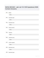 NCSU BIO240 : Lab List 10 |100 Questions| With Correct Answers.