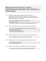 Biology AQA AS level7401/1 Paper 1 QUESTIONS AND ANSWERS 100% VERIFIED A+ GUARANTEED