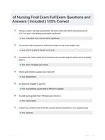 of Nursing Final Exam Full Exam Questions and Answers ( Included ) 100% Correct