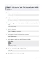 2024 US Citizenship Test Questions Study Guide Graded A+