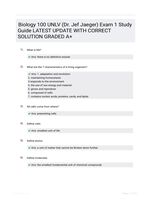 Biology 100 UNLV (Dr. Jef Jaeger) Exam 1 Study Guide LATEST UPDATE WITH CORRECT SOLUTION GRADED A+