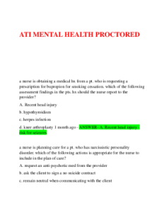 ATI MENTAL HEALTH PROCTORED  EXAM WITH NGN 2019//ATI RN  MENTAL HEALTH WITH NGN EXAM  QUESTIONS AND CORRECT  ANSWERS